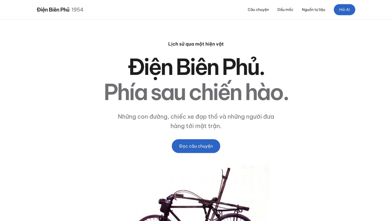Screenshot of the Vietnamese Dien Bien Phu — Behind the Trenches website, showing its heading and transport bicycle.